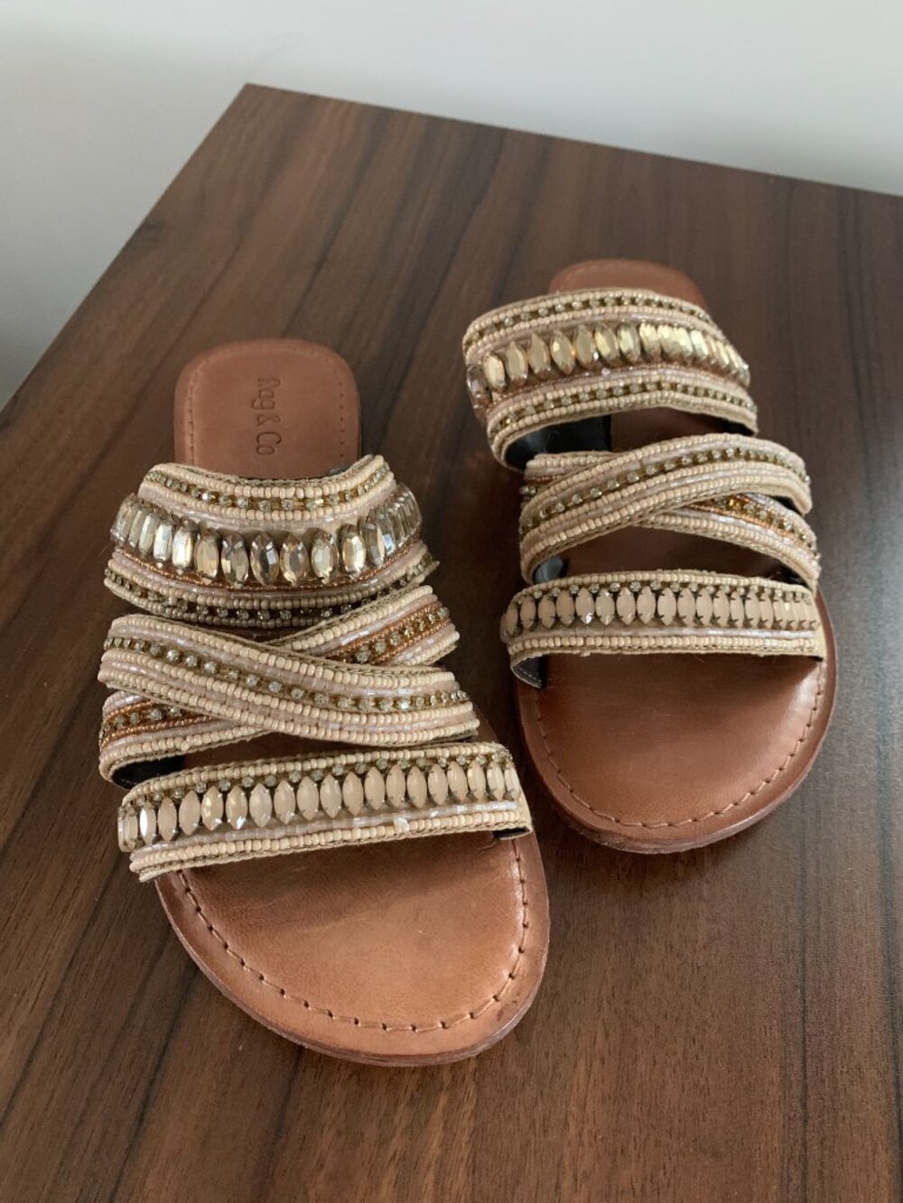 Rag & Co Jeweled Beaded Strappy Slide Sandals Leather Insole Boho Gold 9